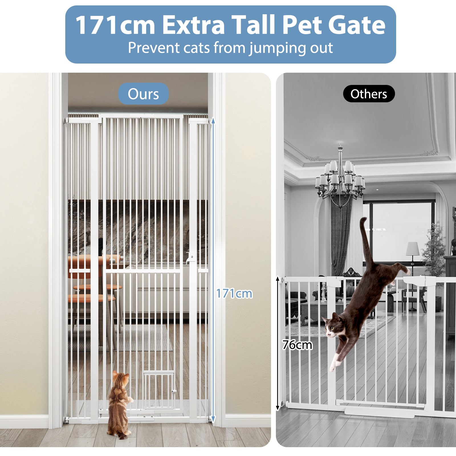 171 cm Extra Tall Pet Gate Heavy-Duty Metal Cat Gate with Wide Opening-White