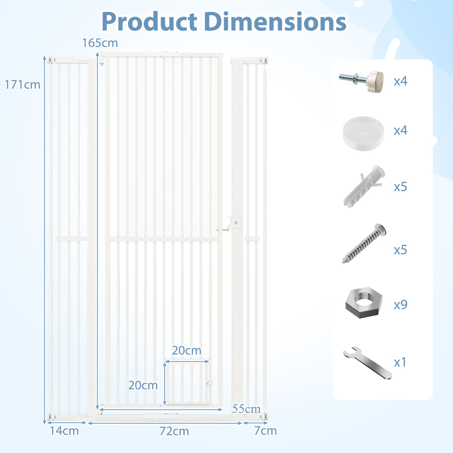 171 cm Extra Tall Pet Gate Heavy-Duty Metal Cat Gate with Wide Opening-White