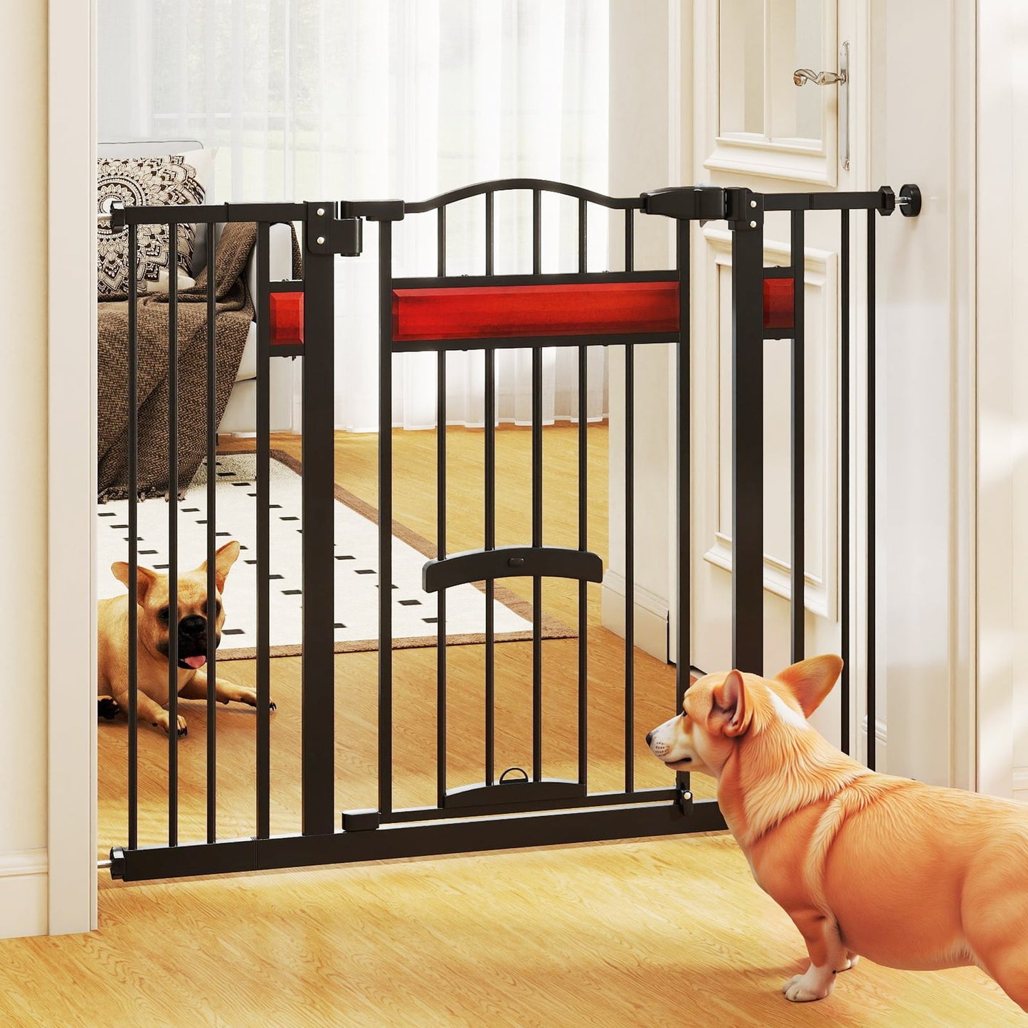 Extra Wide Walk Through Pet Gate with Small Door and 2 Extensions-Black