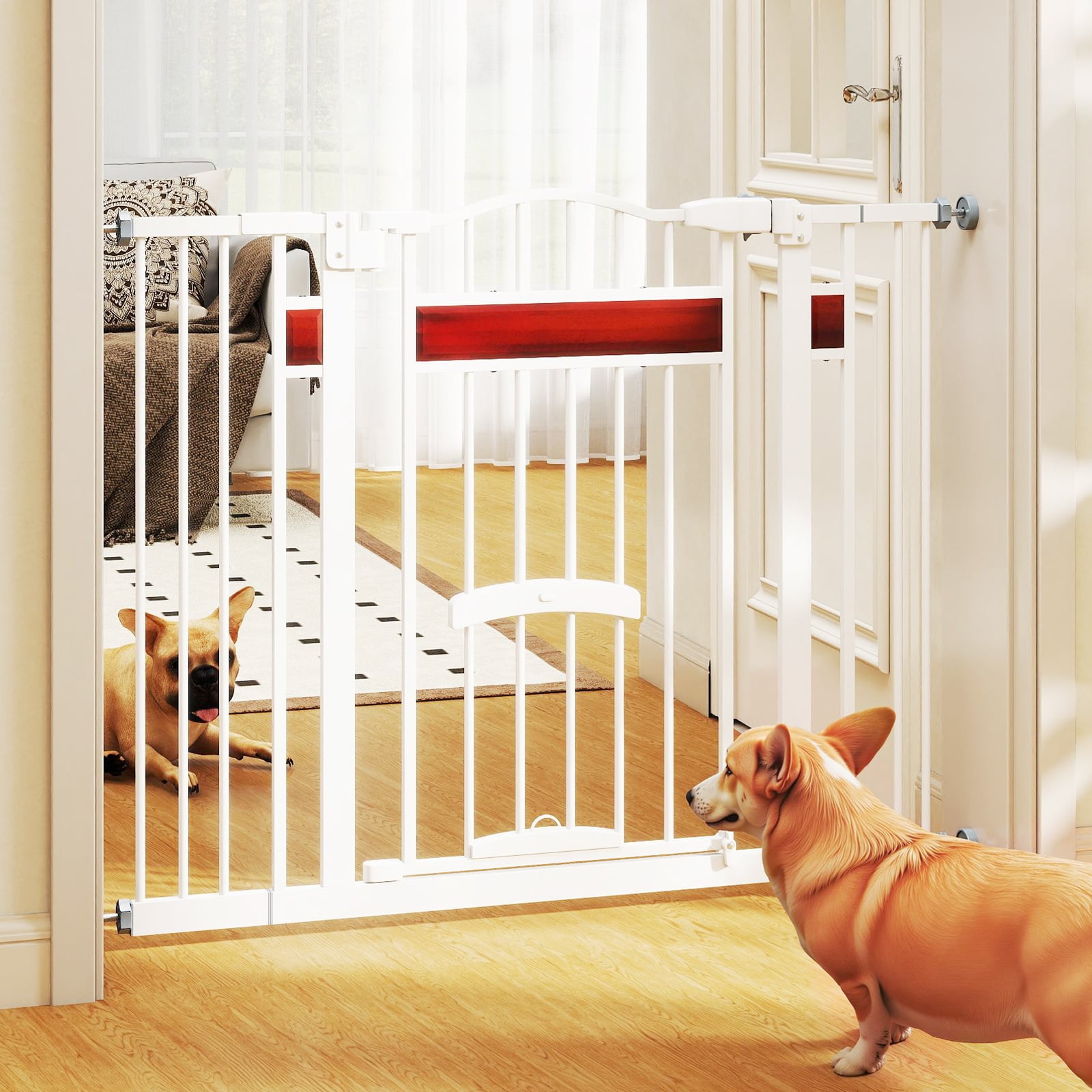 Extra Wide Walk Through Pet Gate with Small Door and 2 Extensions-White