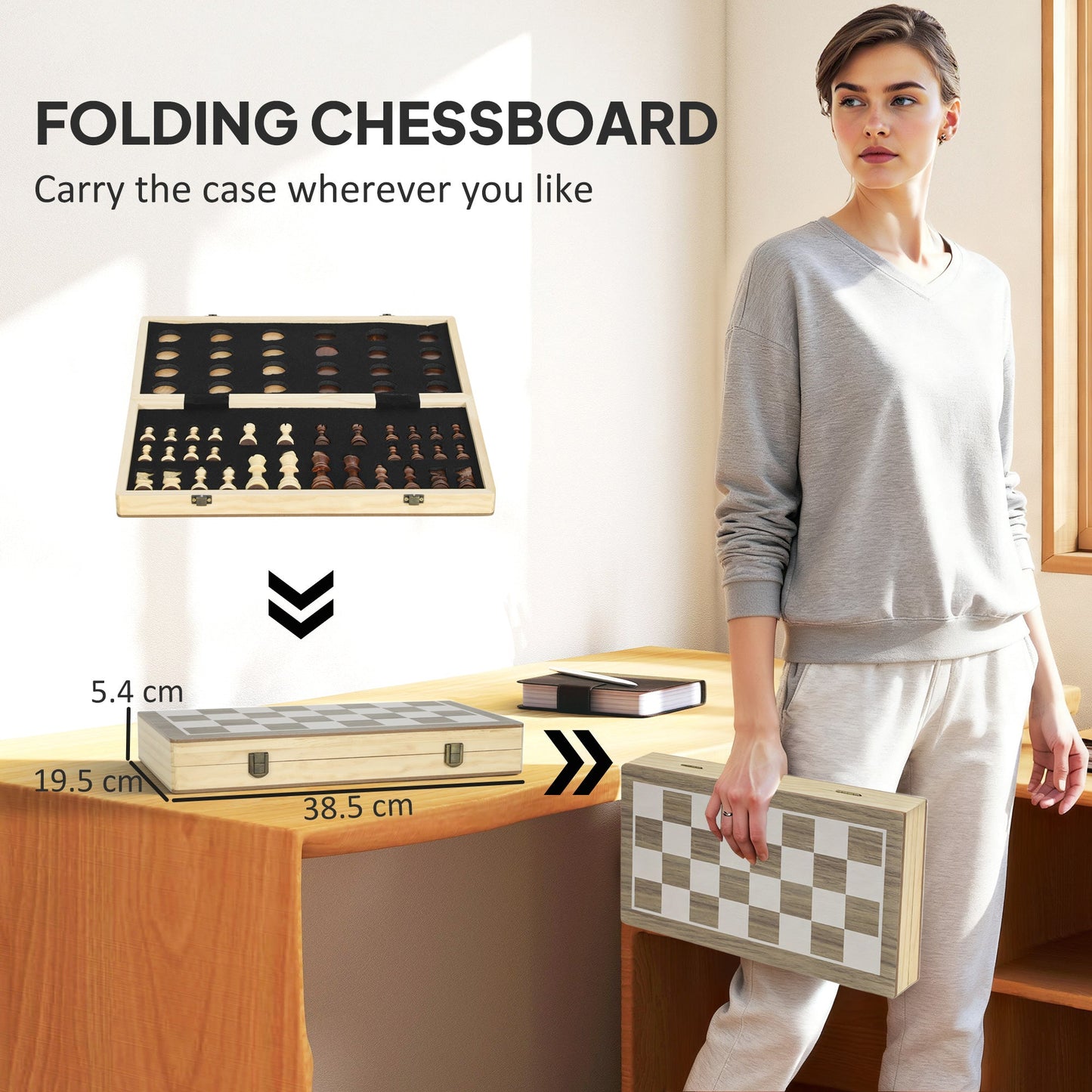 SPORTNOW 15 Inch Chess Set, Foldable Chess and Draughts Set, Brown