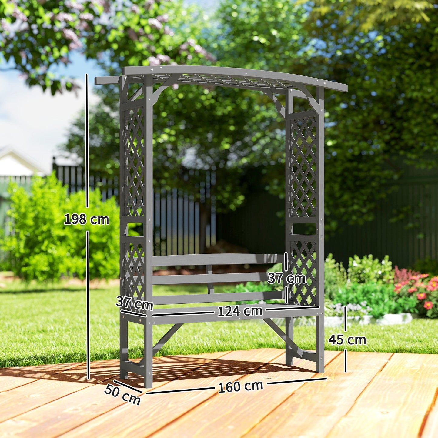 Outsunny Garden Bench, Wooden Garden Arbour with Seat for Vines/Climbing Plants, Grey