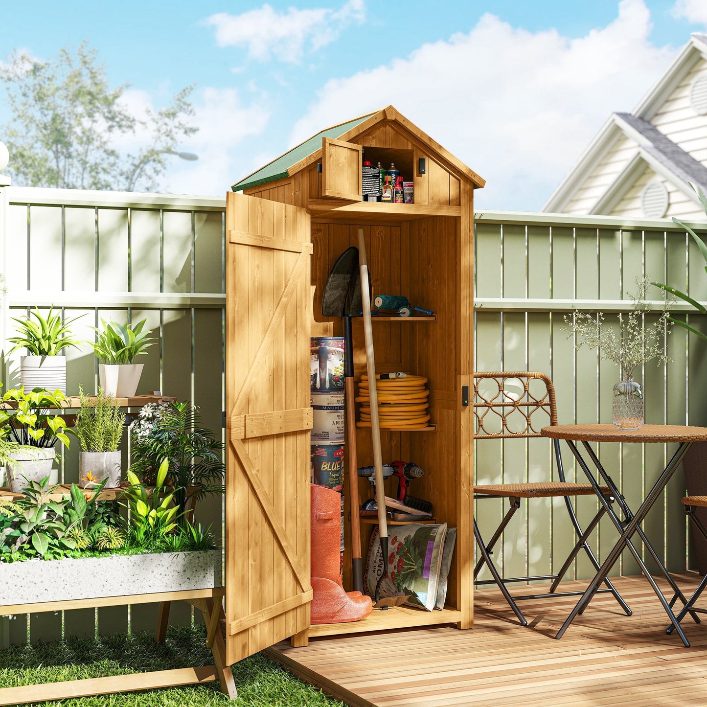 Outsunny Garden Shed Wood Outdoor Garden Tool Storage Unit with 3 Detachable Shelves, 77 x 54.2 x 179cm, Brown