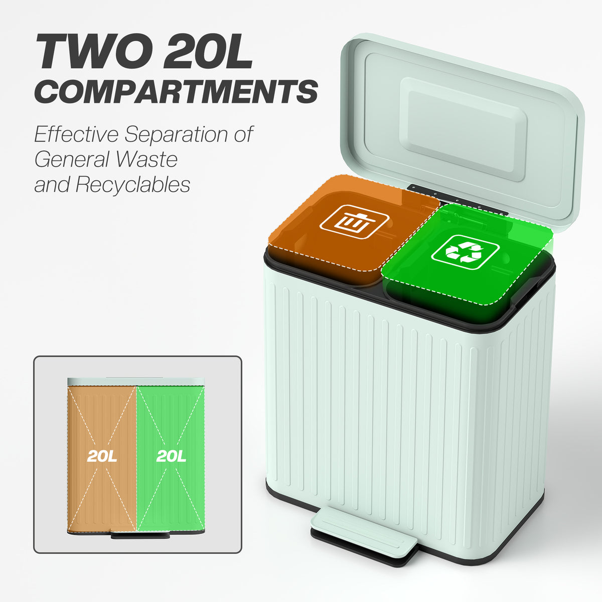HOMCOM Dual Kitchen Bin, 2 x 20L Double Bin for Recycling and Waste, Fingerprint-proof Pedal Bin with Soft-Close Lid, Removable Inner Buckets, Green