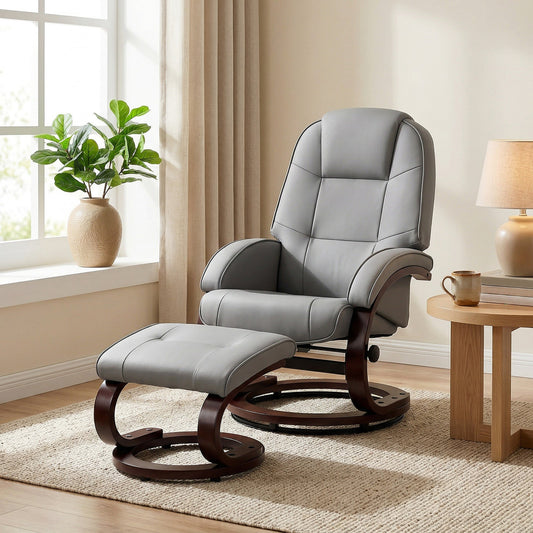 HOMCOM Swivel Recliner Chair with Footstool, PU Leather Recliner Armchair with Adjustable Back and Wood Frame, Grey