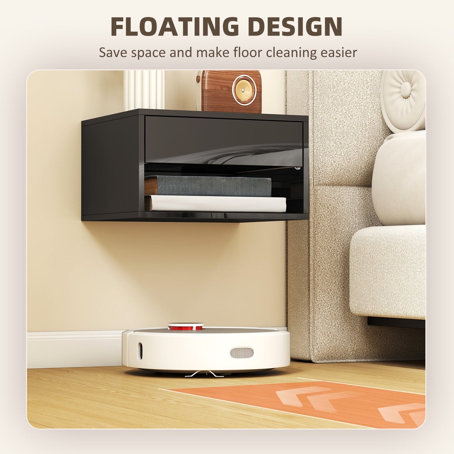 HOMCOM Floating Bedside Tables Set of 2, Wall Mounted Nightstand, High Gloss Black