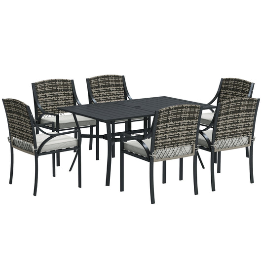 Outsunny Rattan Garden Furniture Set with Cushions, 6 Seater Rattan Dining Set with 6 Armchairs, 150 x 96cm Rectangular Table, Umbrella Hole, for Outdoor, Patio, Balcony, Terrace, Conservatory
