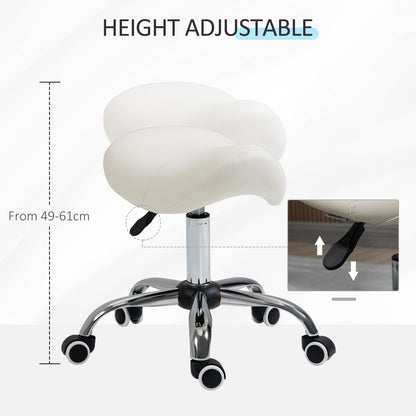 HOMCOM Cosmetic Stool 360 Rotate Height Adjustable Salon Massage Spa Chair Hydraulic Rolling Faux Leather Saddle Stool, Cream