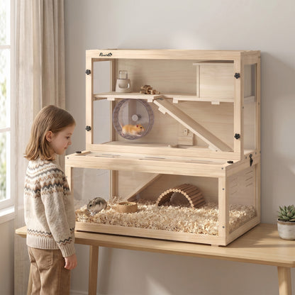 PawHut Wooden Hamster Cage with Hut, Wheel, Ramps, Removable Viewing Panels, 80 x 50 x 84 cm, Natural