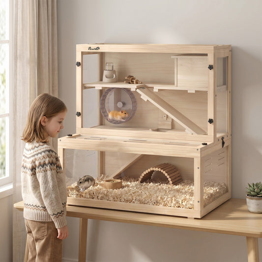 PawHut Wooden Hamster Cage with Hut, Wheel, Ramps, Removable Viewing Panels, 80 x 50 x 84 cm, Natural