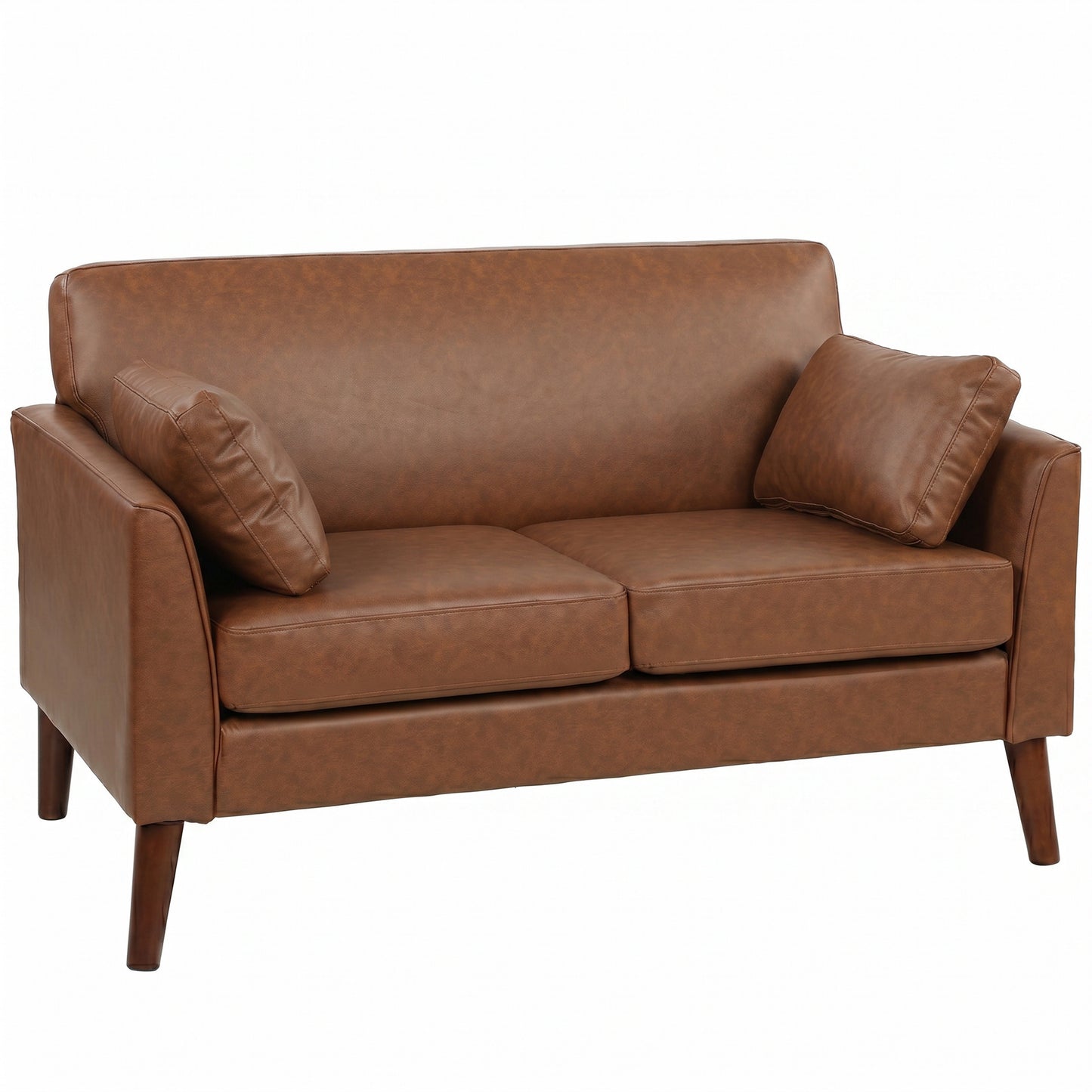 HOMCOM 2 Seater Sofa, 132 cm Modern Small Sofa with Solid Wood Legs and 2 Pillows for Small Space, Brown