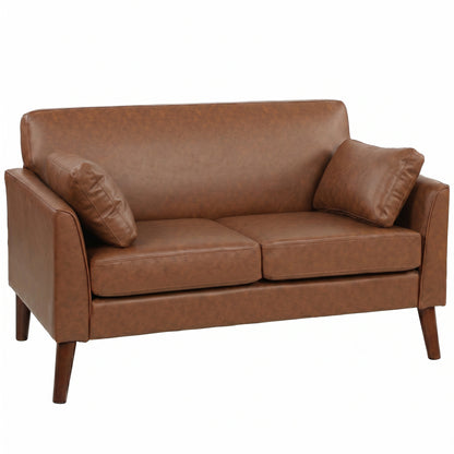 HOMCOM 2 Seater Sofa, 132 cm Modern Small Sofa with Solid Wood Legs and 2 Pillows for Small Space, Brown