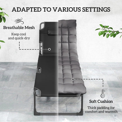 Outsunny Folding Sun Lounger for Garden, 5-Position Oversized Camping Bed Recliner with Cushions, Dark Grey