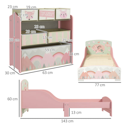 ZONEKIZ Toddler Bed Frame, Kids Storage Shelf Unit with 6 Fabric Bins for Ages 3-6 Years, Pink