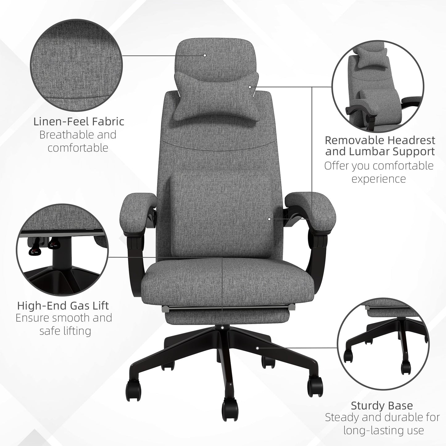 Vinsetto Linen-Look Office Chair, with 160  Reclining Back and Footrest - Grey