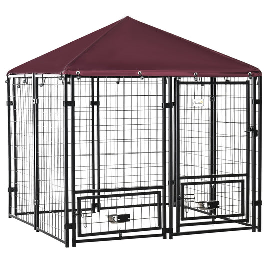 PawHut Outdoor Dog Kennel with Rotating Bowl Holders, Water and UV-Resistant Cover, for Medium, Small Dogs, Red