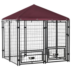 PawHut Outdoor Dog Kennel with Rotating Bowl Holders, Water and UV-Resistant Cover, for Medium, Small Dogs, Red