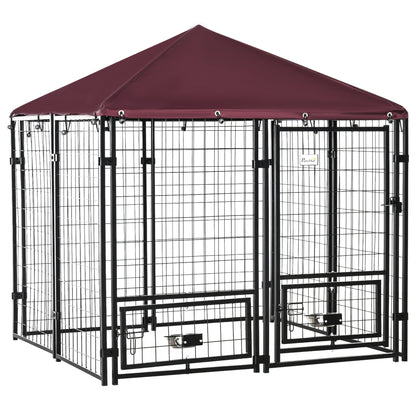 PawHut Outdoor Dog Kennel with Rotating Bowl Holders, Water and UV-Resistant Cover, for Medium, Small Dogs, Red