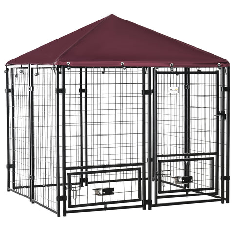 PawHut Outdoor Dog Kennel with Rotating Bowl Holders, Water and UV-Resistant Cover, for Medium, Small Dogs, Red