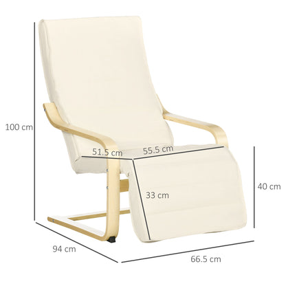 HOMCOM Wooden Armchair, Upholstered Linen Lounge Chair with Adjustable Footrest & Removable Cushion, Poang Chair for Living Room, Cream White