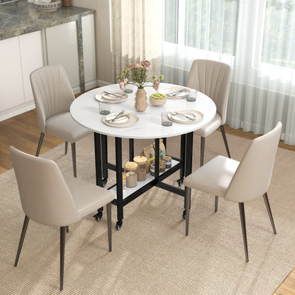 HOMCOM Folding Dining Table, Drop Leaf Table with Open Shelf, Rolling Kitchen Table for Dining Room, Small Spaces, White Marble
