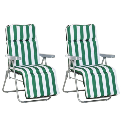 Outsunny 2 Pieces Outdoor Sun Lounger Set with Cushions, Patio Folding 5-Level   Adjustable Backrest Recliner Chairs Set of 2 with High Backrest and Armrests, Green & White