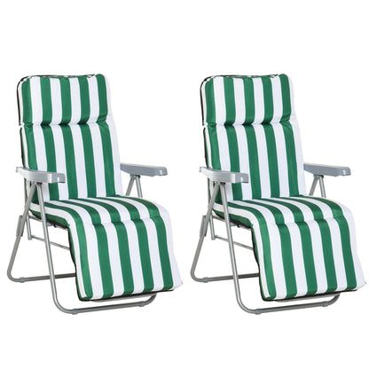 Outsunny 2 Pieces Outdoor Sun Lounger Set with Cushions, Patio Folding 5-Level Adjustable Backrest Recliner Chairs Set of 2 with High Backrest and Armrests, Green & White