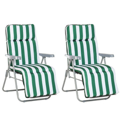 Outsunny 2 Pieces Outdoor Sun Lounger Set with Cushions, Patio Folding 5-Level   Adjustable Backrest Recliner Chairs Set of 2 with High Backrest and Armrests, Green & White