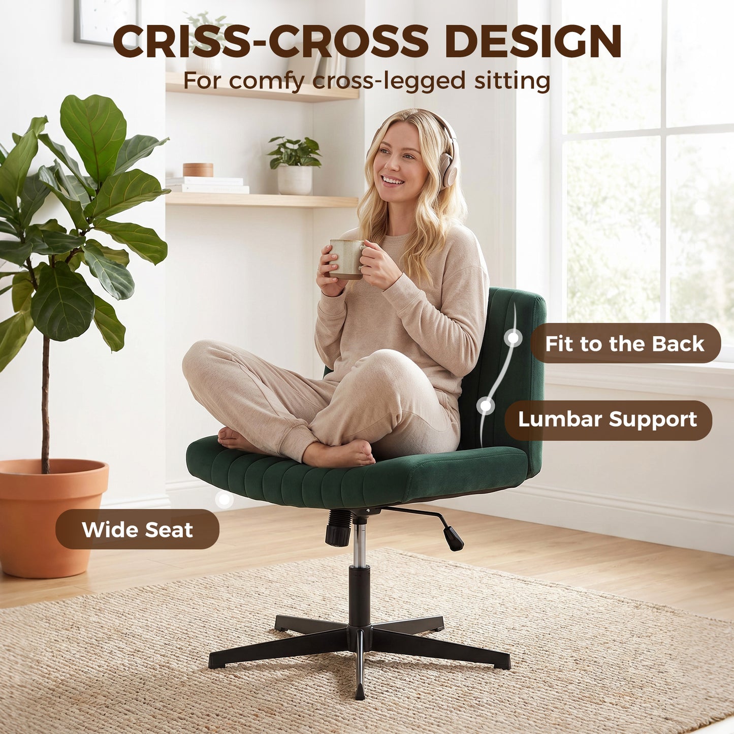 HOMCOM Flannel Criss Cross Legged Desk Chair, Armless Office Chair No Wheels, Green