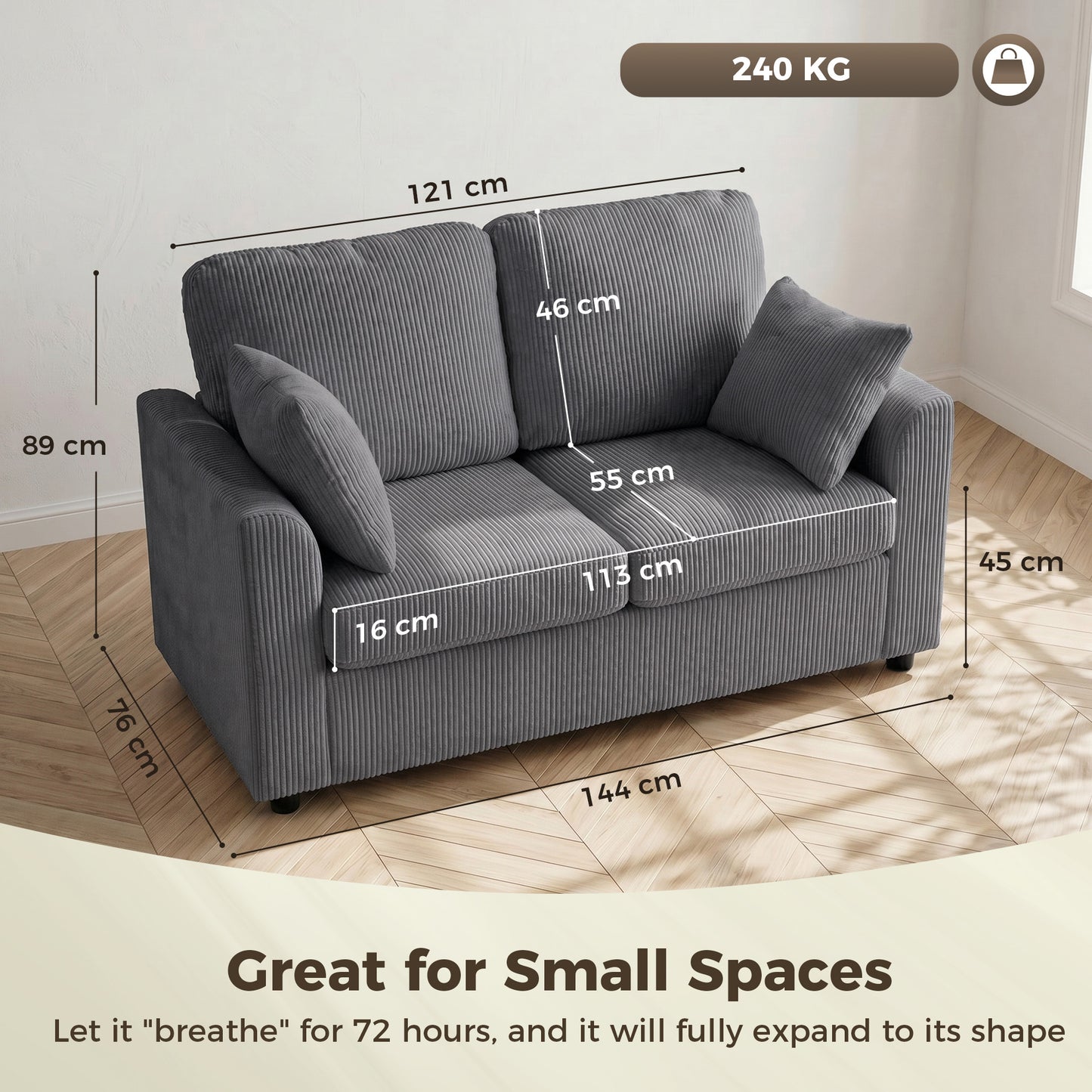 HOMCOM 2 Seater Sofa, Corduroy Small Couch with Spring Cushion, Wide and Deep Seat, Dark Grey