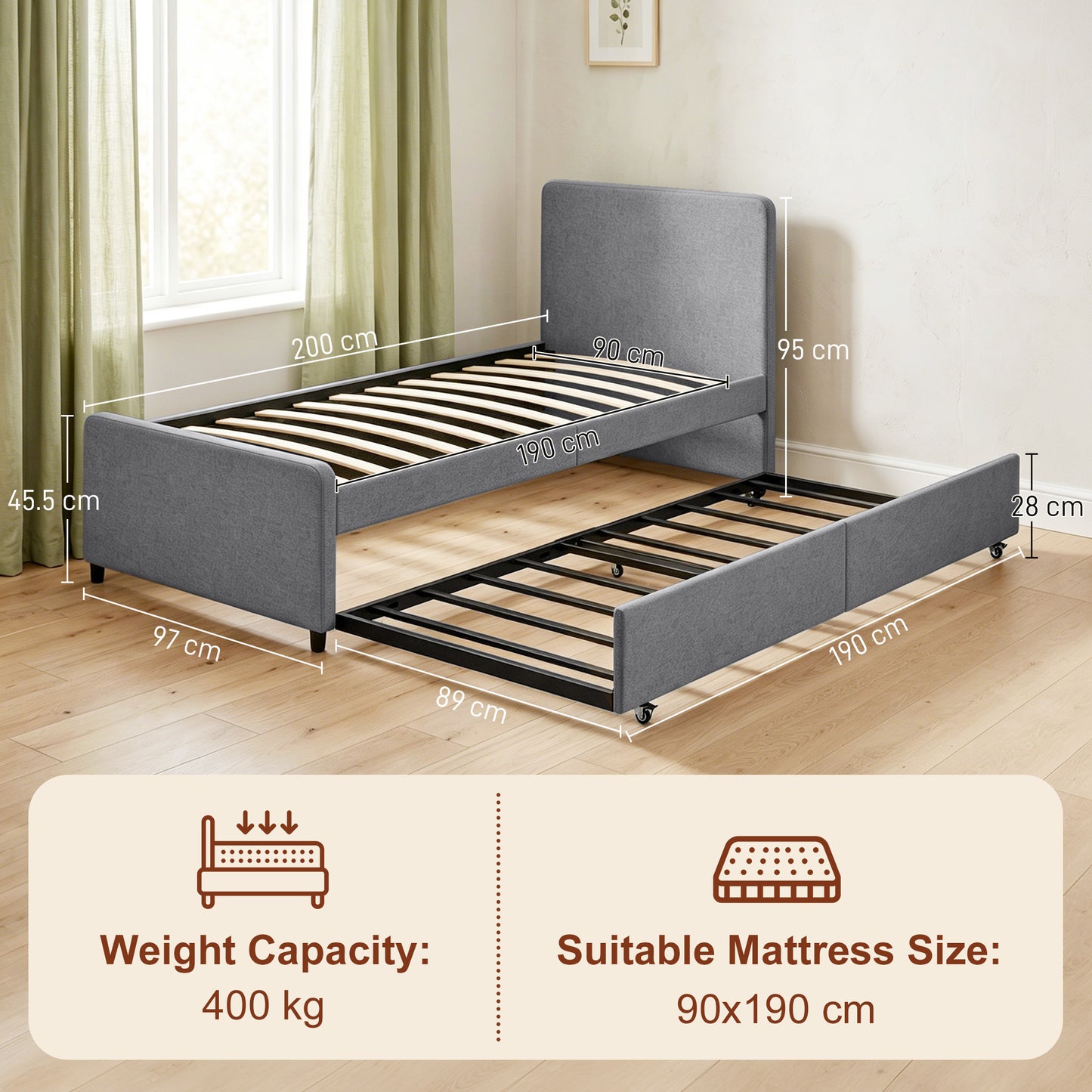 HOMCOM 3ft Single Bed Frame with Trundle, Upholstered Pull Out Trundle Bed with Headboard and Footboard, Dark Grey