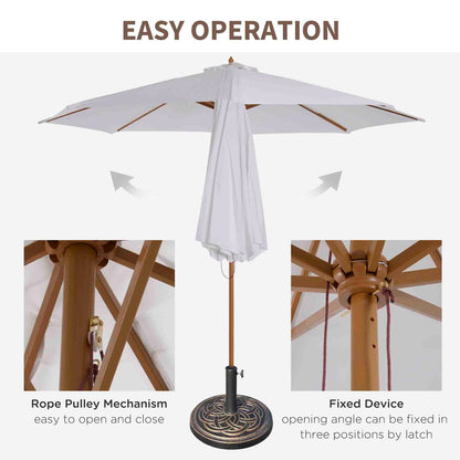 Outsunny 3 m Garden Parasol with Base, Pulley Operated Patio Umbrella, Wooden Parasol, Table Market Umbrella with Rope Pulley Mechanism and 8 Ribs, White