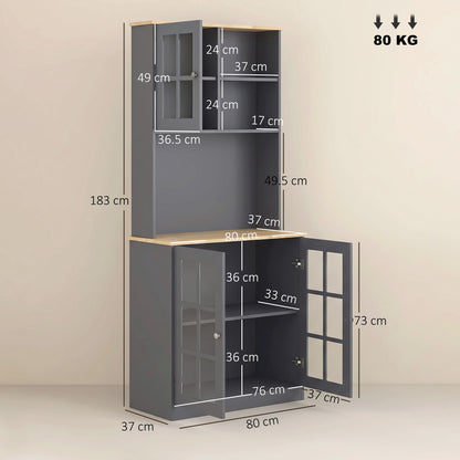 HOMCOM Kitchen Pantry, Buffet Hutch with 3 Storage Cabinets, 2 Open Shelves and Large Countertop for Kitchen, Grey