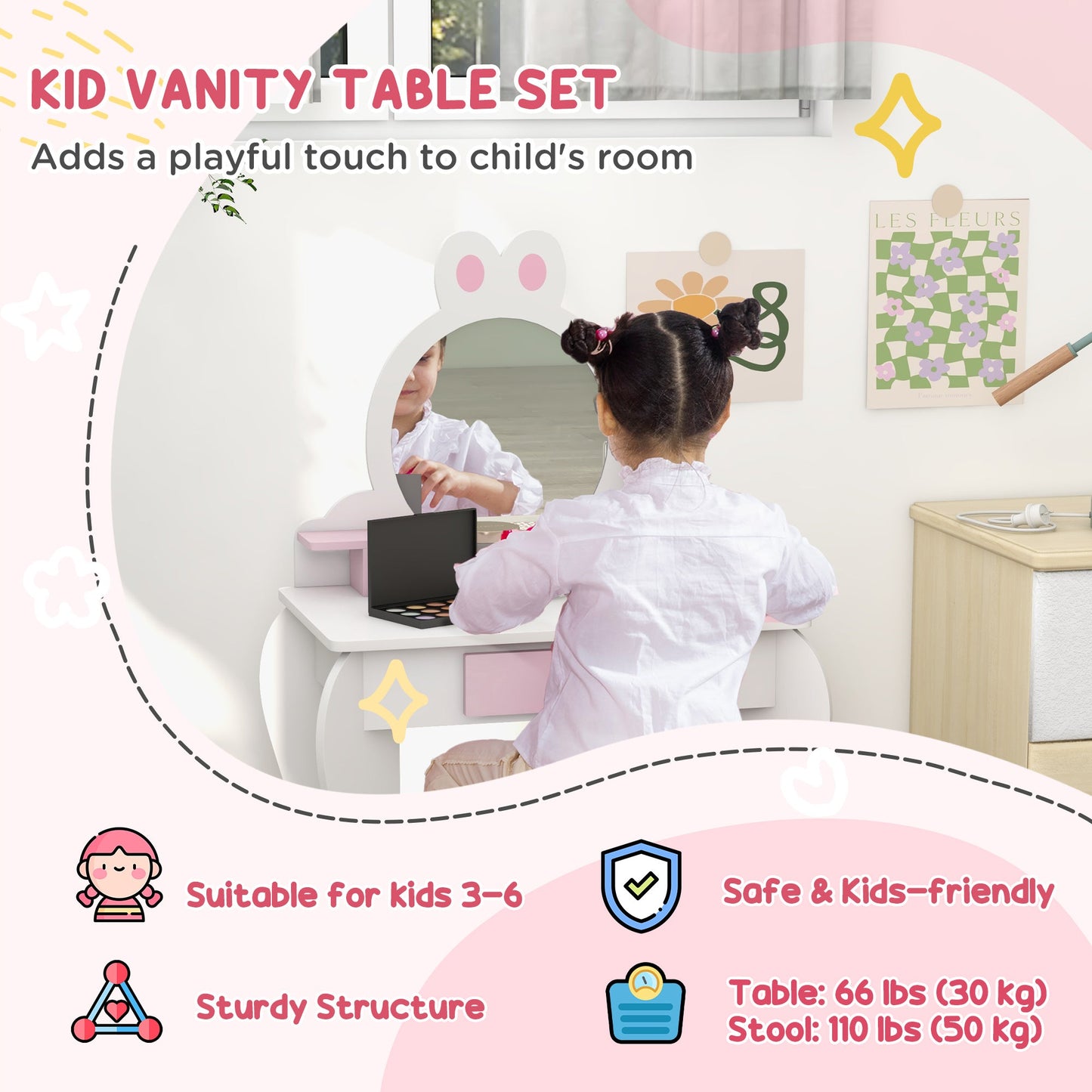 ZONEKIZ Wooden Kids Bedroom Furniture Set with Kids Dressing Table, Stool, Bed, for 3-6 Years, Bunny-Design