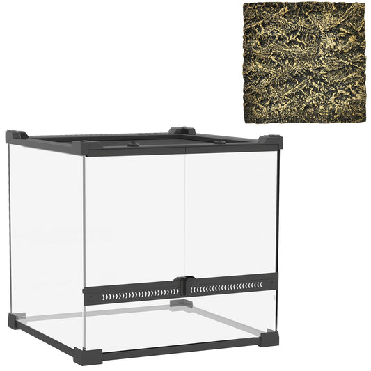 PawHut Reptile Glass Terrarium with Stone Background, Front Ventilation, Escape-Proof Knob Lock, 30 x 30 x 30 cm, Black