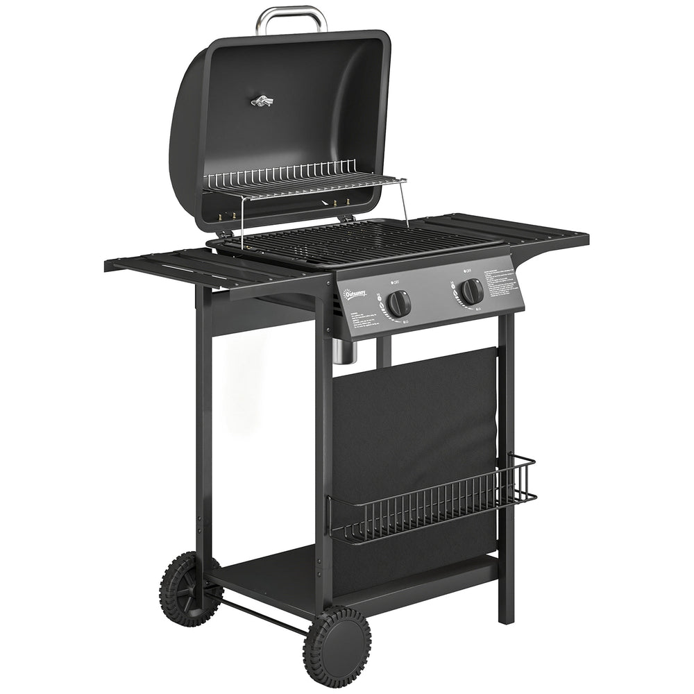 Outsunny Gas Burner Barbecue Grill, 2 Burner Gas Grill with Side Tables, Warming Rack, Shelf, Thermometer, Grease Tray, Black