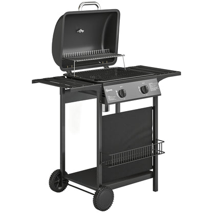 Outsunny Gas Burner Barbecue Grill, 2 Burner Gas Grill with Side Tables, Warming Rack, Shelf, Thermometer, Grease Tray, Black