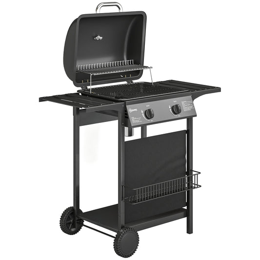 Outsunny Gas Burner Barbecue Grill, 2 Burner Gas Grill with Side Tables, Warming Rack, Shelf, Thermometer, Grease Tray, Black