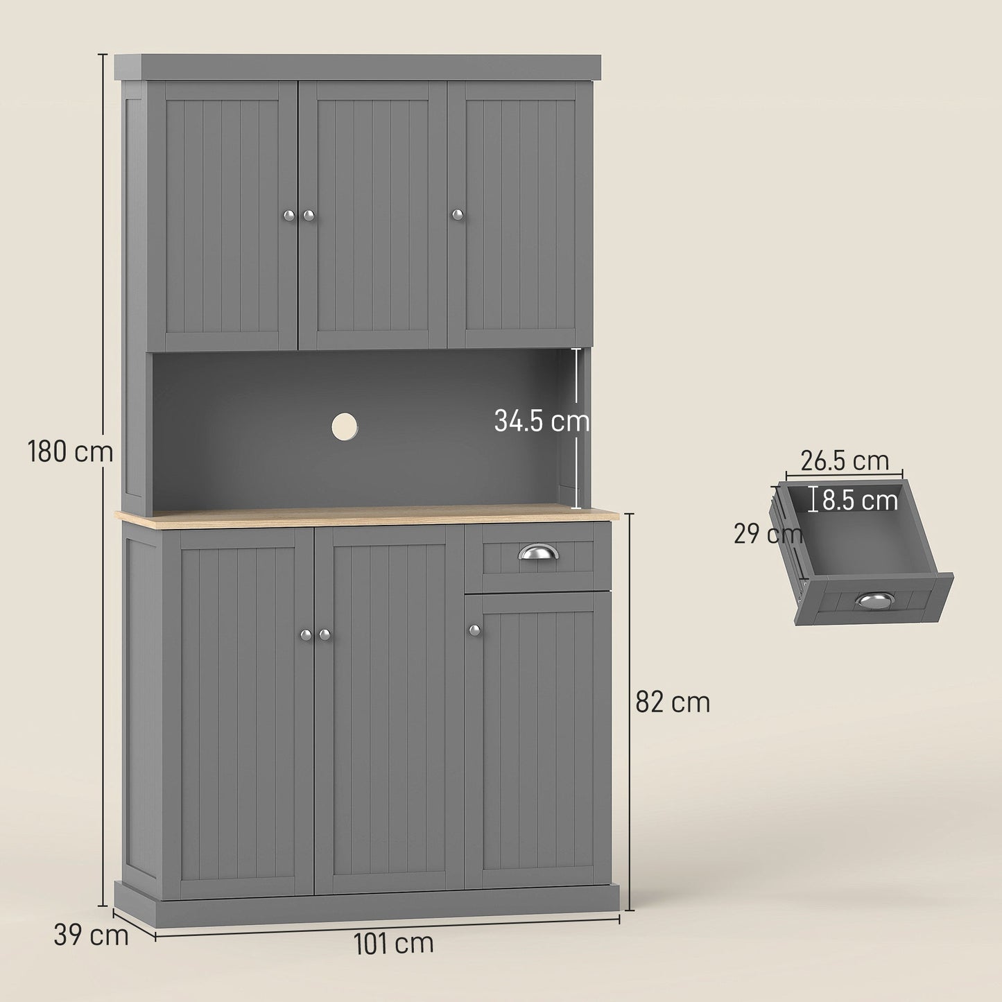 HOMCOM 180cm Freestanding Kitchen Cabinet, Modern Storage Cupboard with Open Countertop, Drawer and 6 Doors, Grey