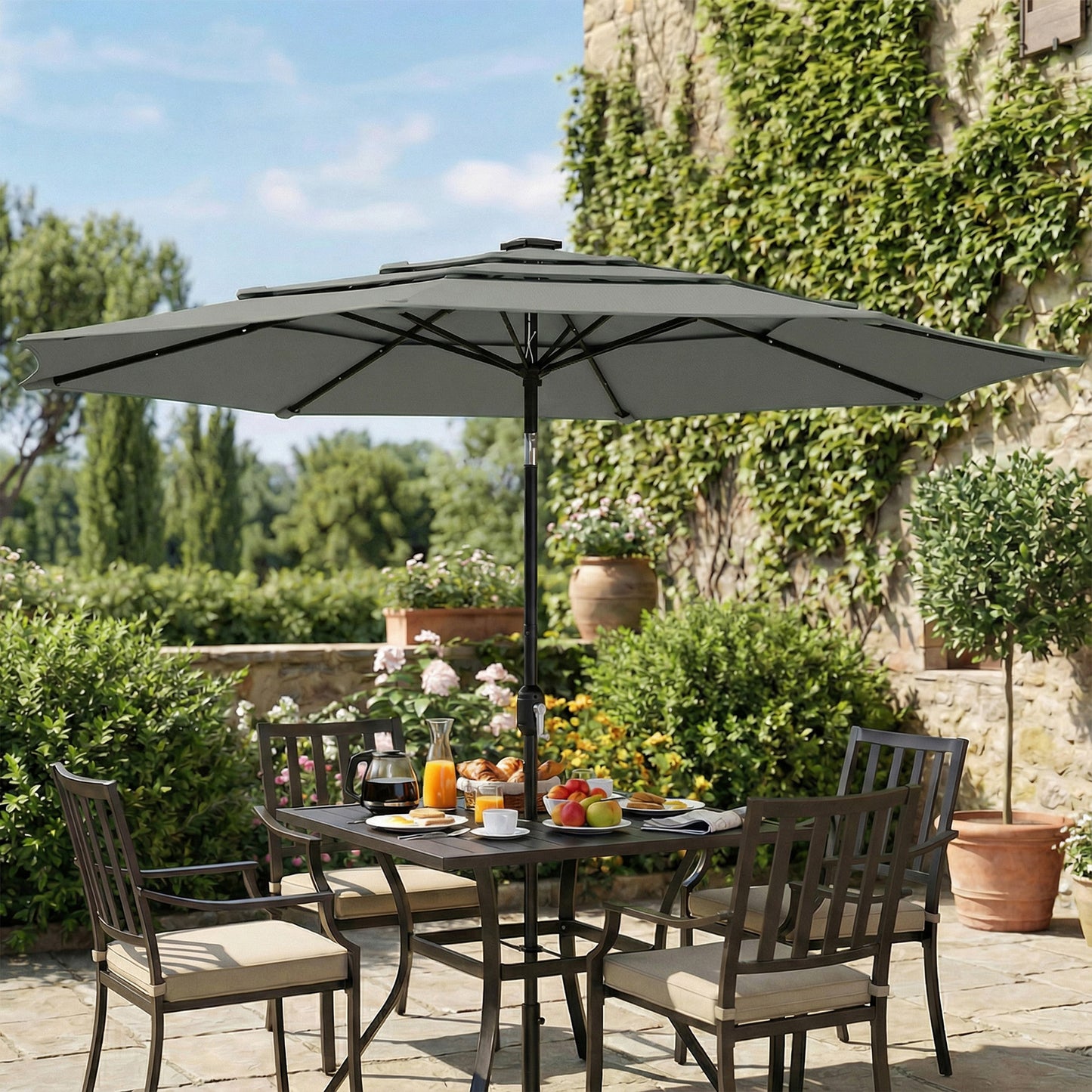 Outsunny Garden Parasol, Parasol Umbrella with 3-tier Roof, Crank Handle, Tilt Function, Polyester Canopy, Grey
