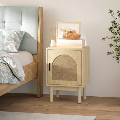 HOMCOM Rattan Bedside Table for Bedroom - Natural Wood