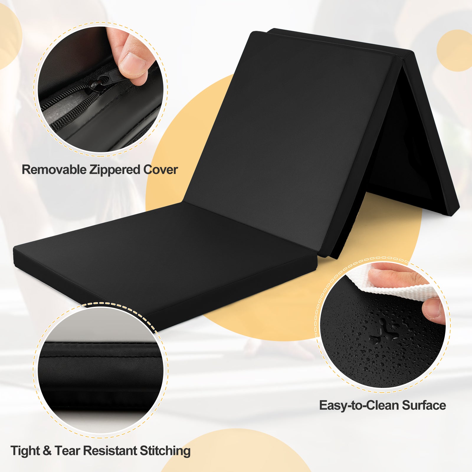 Tri-Fold Folding Exercise Mat with PU Leather Cover-Black