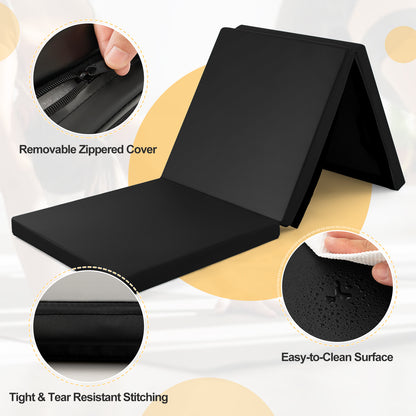 Tri-Fold Folding Exercise Mat with PU Leather Cover-Black