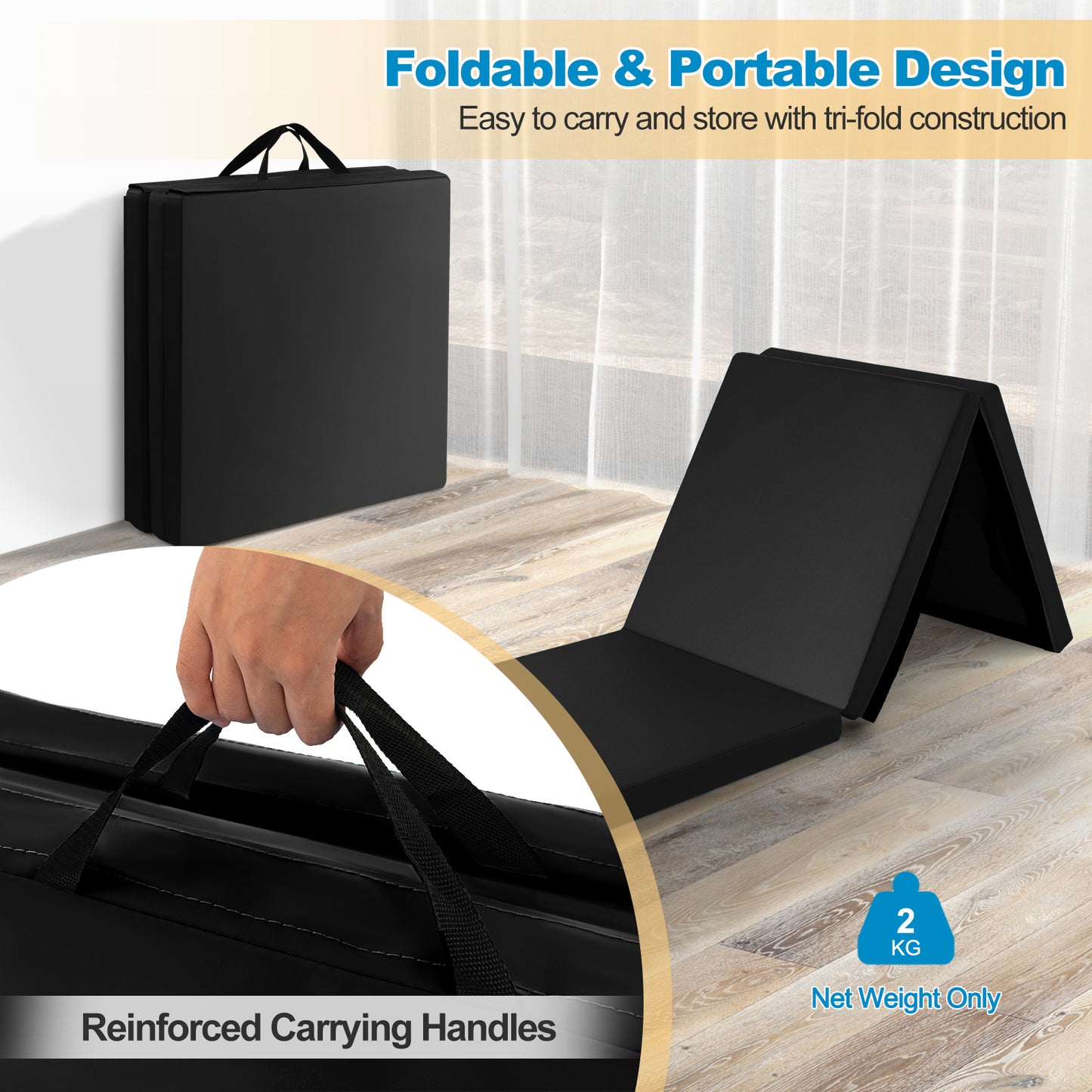 Tri-Fold Folding Exercise Mat with PU Leather Cover-Black