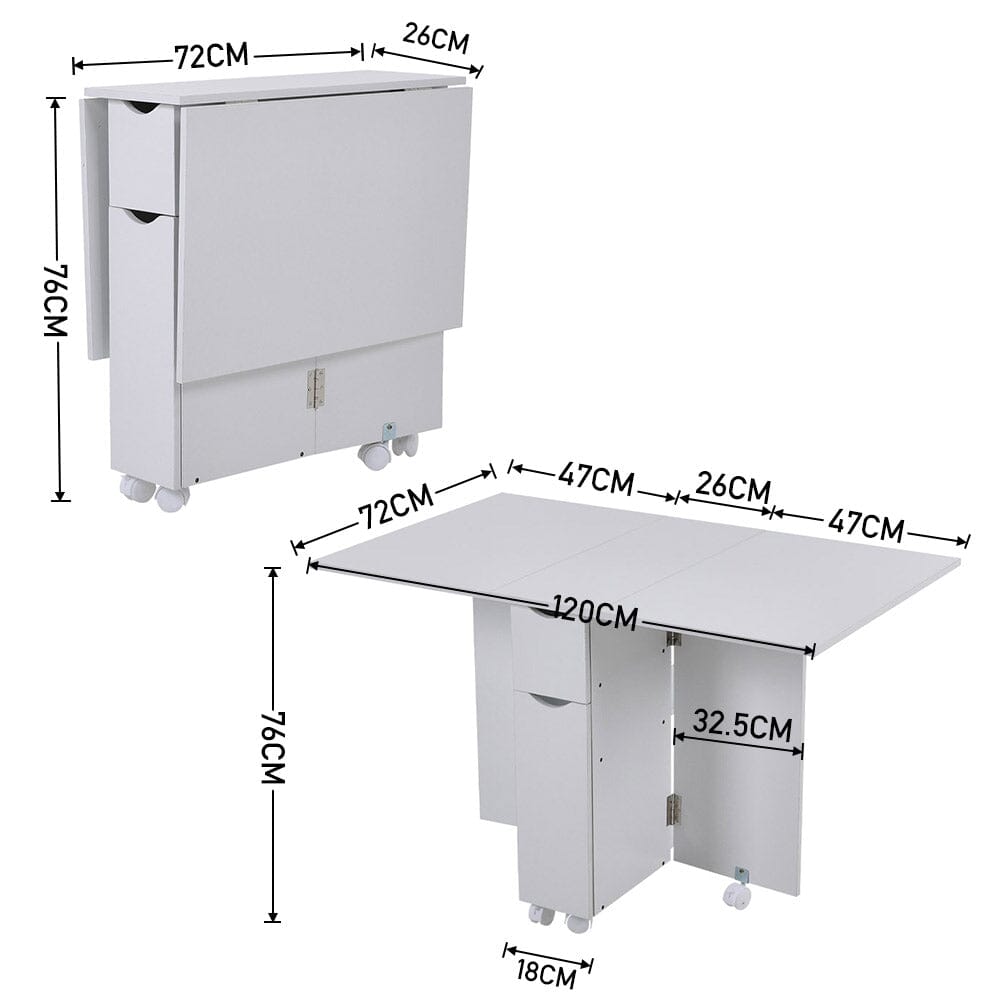 3ft W White/Oak Multipurpose Folding Dining Table with 2 Drawers