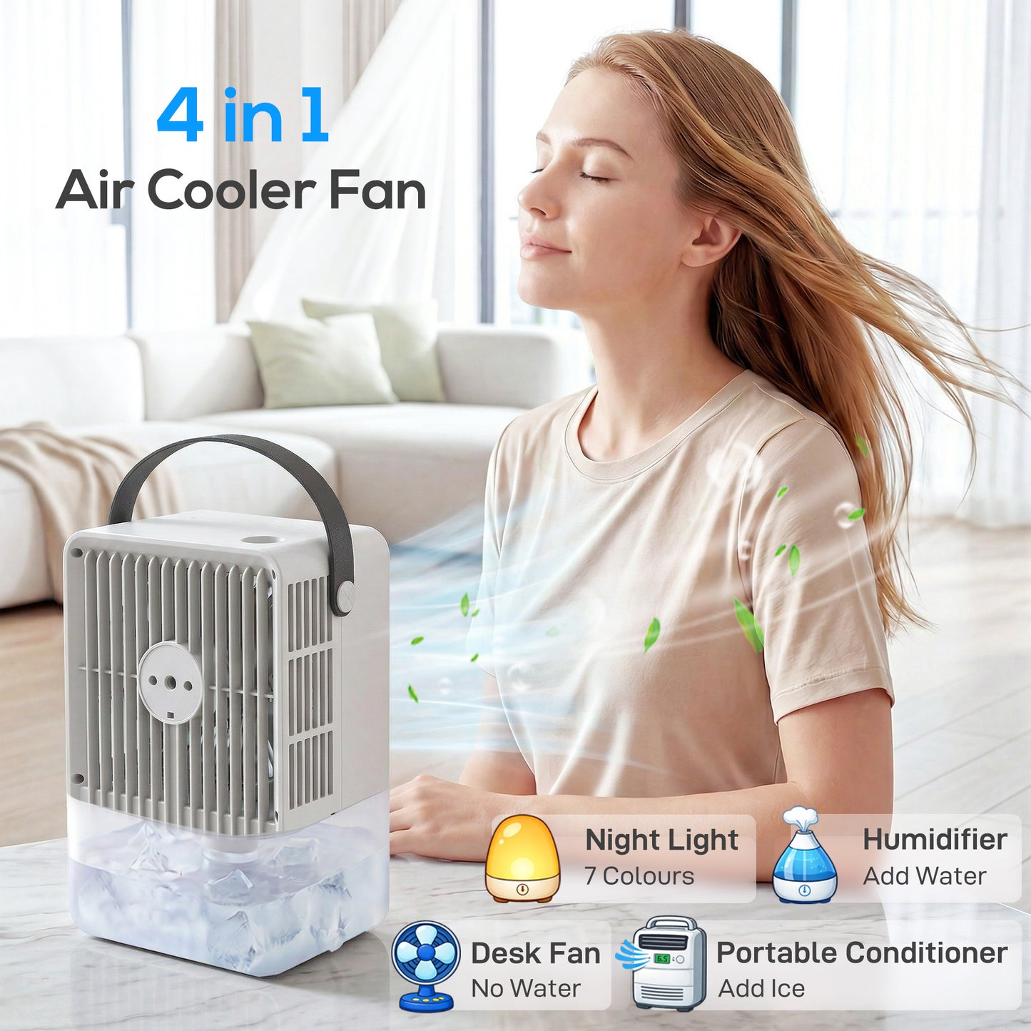 HOMCOM Portable Air Conditioner, 4-in-1 Mini Air Cooler with 3 Wind Speed, 2 Mist Mode, 7 Colour RGB Light, Black and White