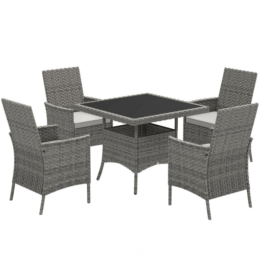 Outsunny Rattan Garden Furniture Set, Outdoor Dining Table and Chairs 4 Seater with Cushions, Square Tempered Glass Top, 4 Armchairs, for Balcony, Terrace, Conservatory, Grey