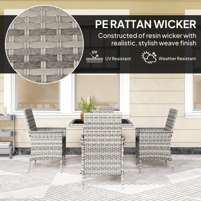 Outsunny Rattan Garden Furniture Set, Outdoor Dining Table and Chairs 4 Seater with Cushions, Square Tempered Glass Top, 4 Armchairs, for Balcony, Terrace, Conservatory, Mixed-Grey