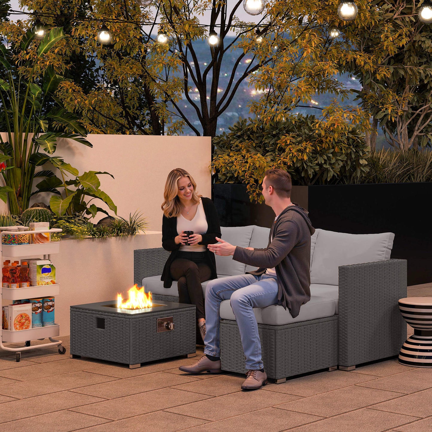 Outsunny Five Piece Rattan Garden Furniture Set with Gas Fire Pit Table and Footstool - Grey