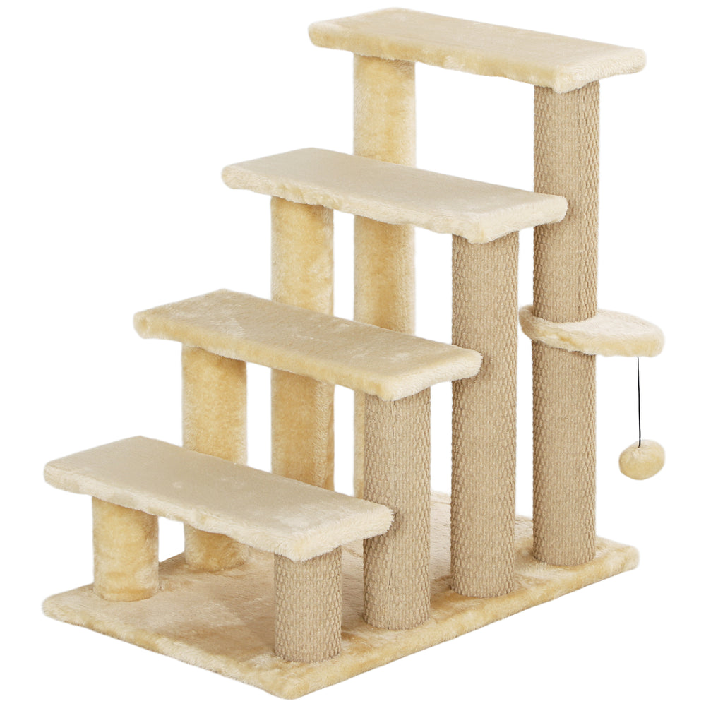 PawHut 4-step Pet Stairs with Scratching Posts, Platforms, Toy Ball, Beige